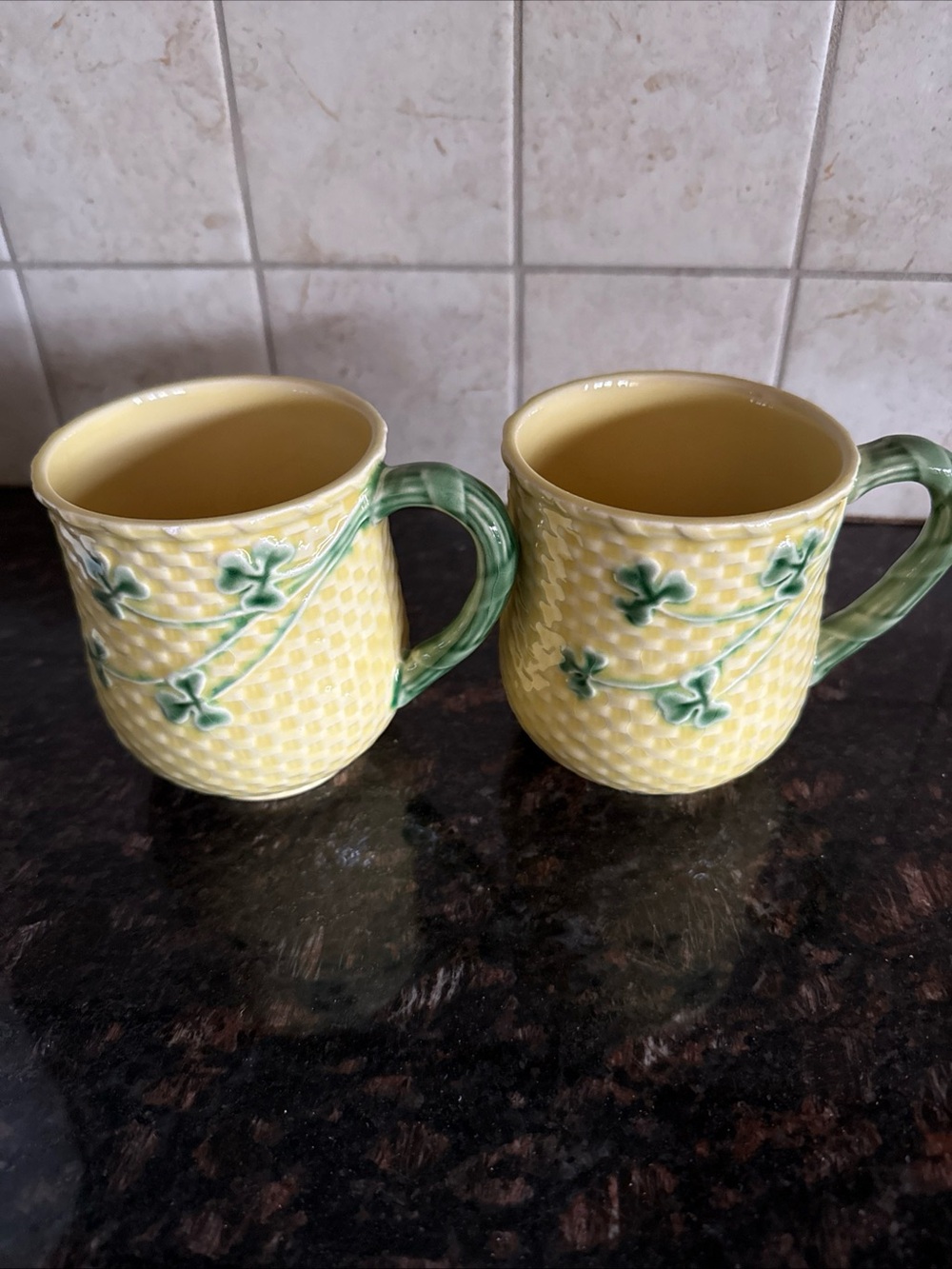 Vintage Yellow Ceramic Clover-Accent Mugs (Set of 2)